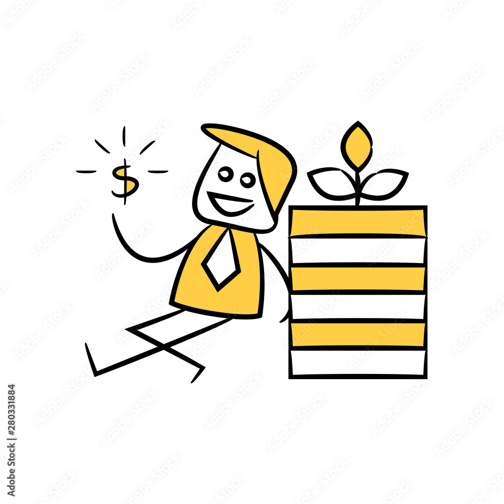 investor, businessman sitting next to money pile yellow stick figure doodle theme