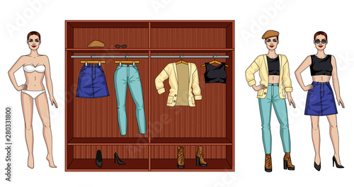 Color vector illustration of a female modern wardrobe for the autumn. A woman standing next to a closet with clothes. Two urban outfits for a female wardrobe. Female doll with clothes and wardrobe