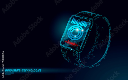 Smart watches touch screen modern technology concept. Low poly polygonal sport tracking app. Healthcare device network communication media graph. Wearable gadget mobile interface banner vector