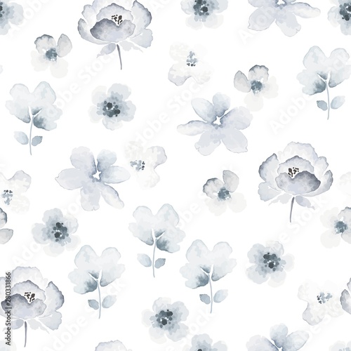 Floral seamless pattern with tender abstract flowers in indigo colors and vintage watercolor style. Vector illustration on white background.