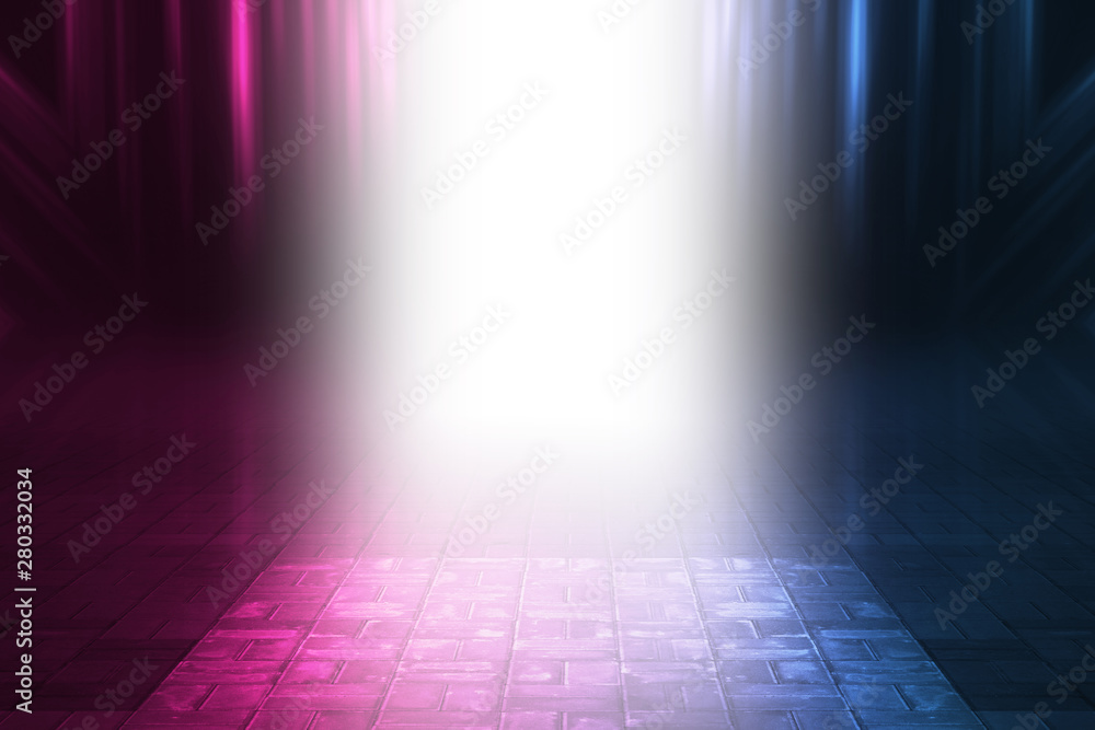 Obraz premium Empty background scene. Rays of light open door in the dark, neon light, smoke. Background of empty stage show. Abstract dark background.