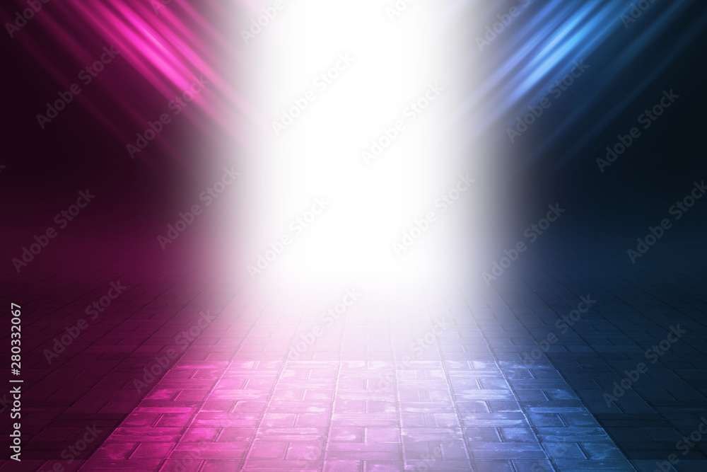 Obraz premium Empty background scene. Rays of light open door in the dark, neon light, smoke. Background of empty stage show. Abstract dark background.