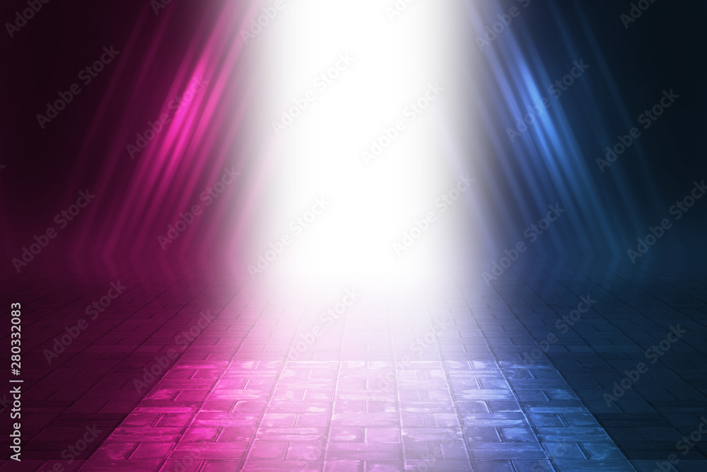 Obraz premium Empty background scene. Rays of light open door in the dark, neon light, smoke. Background of empty stage show. Abstract dark background.