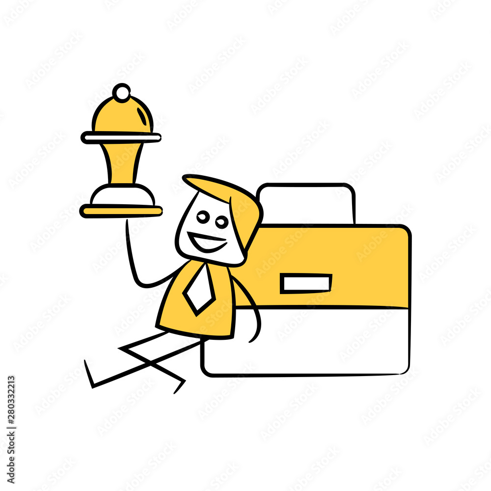businessman holding chess,sitting next to briefcase yellow stick figure theme businessman holding chess,sitting next to briefcase yellow stick figure theme