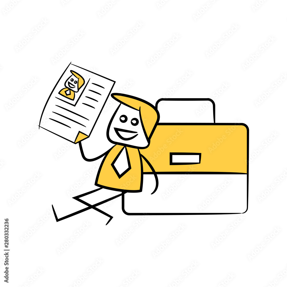 businessman holding job application,sitting next to briefcase yellow stick figure theme