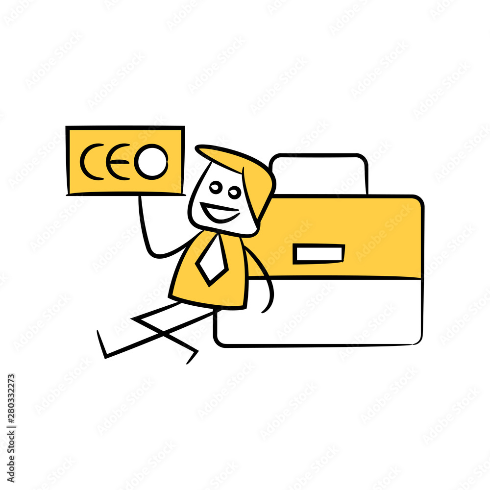 businessman holding CEO,sitting next to briefcase yellow stick figure theme