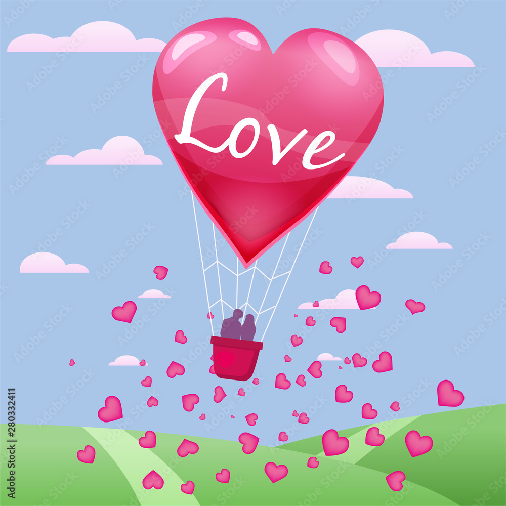 Invitation card of love and valentine day, hot air balloon with couple flying over grass with heart float on the sky