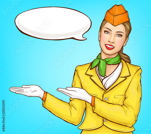 Pop art stewardess, flight attendant, air hostess girl in yellow uniform with cap, green handkerchief and speak cloud. Airline ad campaign, vector Illustration on blue background in retro comic style