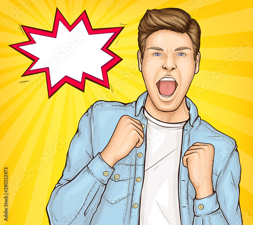 Happy young man raising hands in yes gesture celebrating success, guy excited by good news, lucky successful winner, speech bubble, Vector Illustration on yellow background, pop art retro comic style