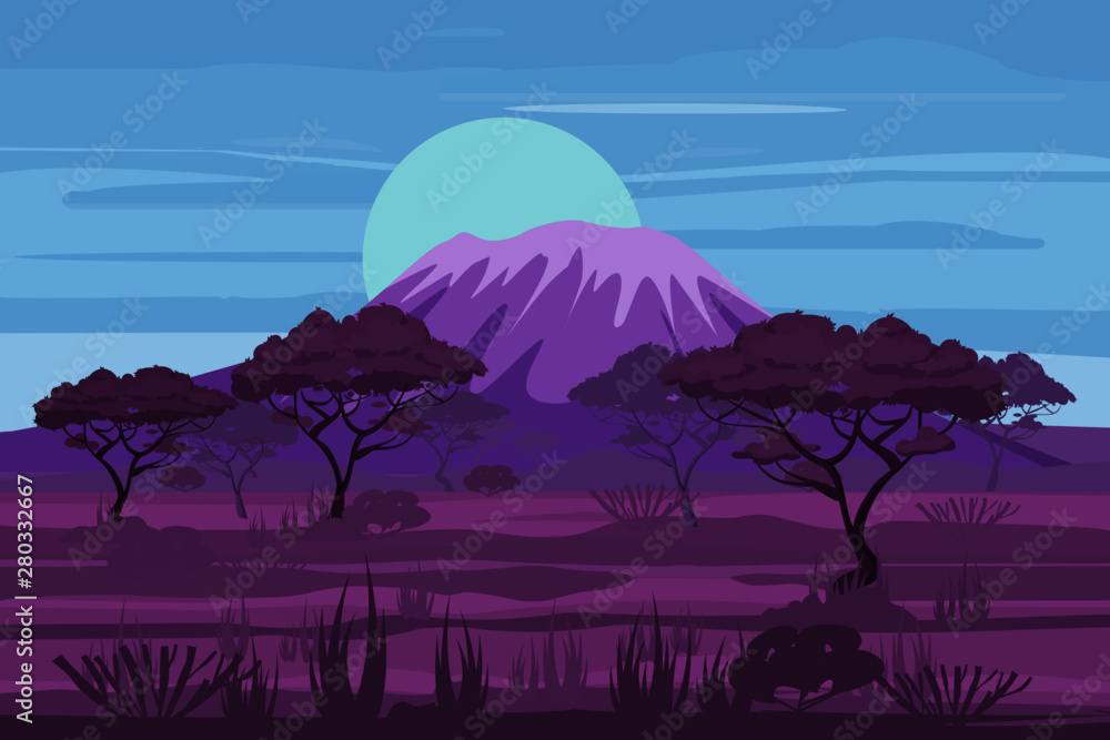 African night landscape savannah wild nature. Grass, bushes, acacia trees and mountane Stock Vector | Adobe Stock