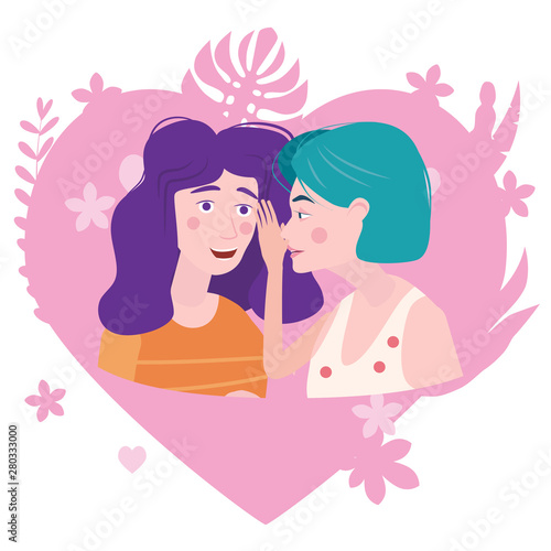 Woman whispering gossip, surprised, says rumors to other female character. Gossiping secret woman flat vector illustration.