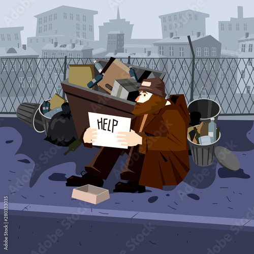 Homeless sad poor person male character beg help money near the garbage containers