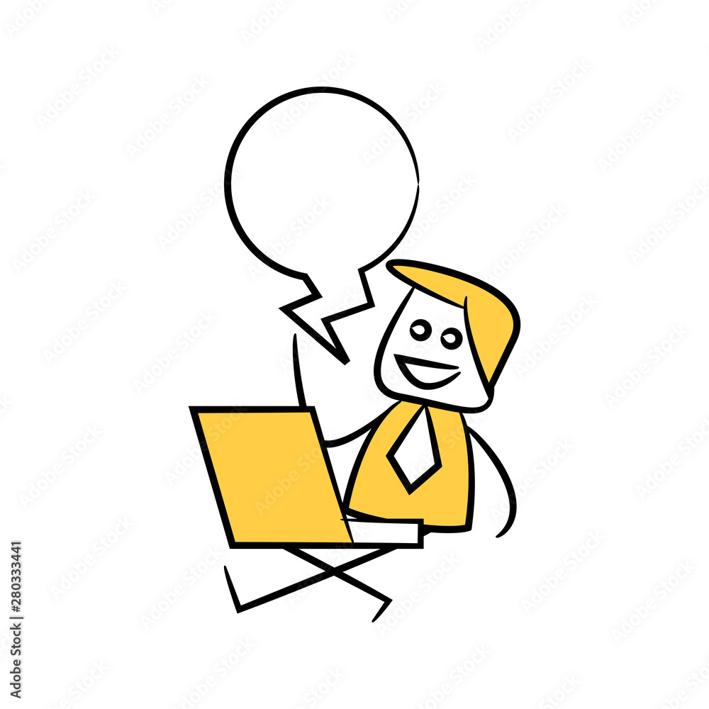 businessman sitting with laptop and speech bubble yellow stick figure theme