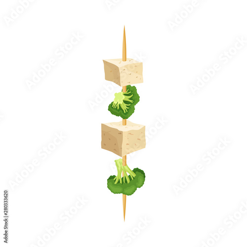 Cheese cubes with broccoli on a skewer. Vector illustration on white background.