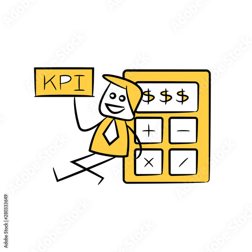 accountant or businessman KPI and sitting next to calculator yellow stick figure theme