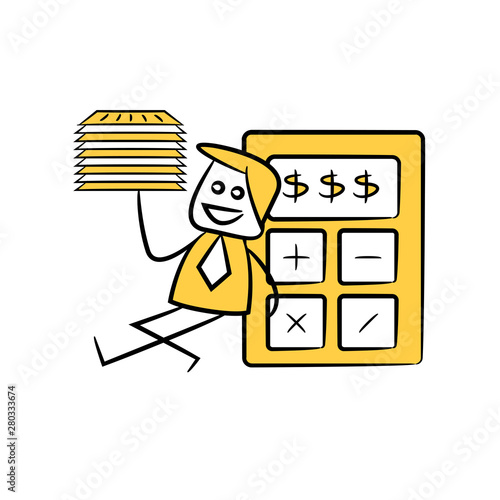 accountant or businessman holds out stack of documents and sitting next to calculator yellow stick figure theme