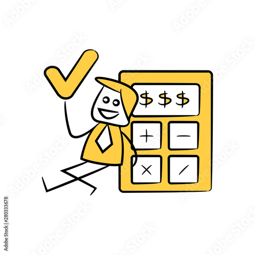 accountant or businessman holds out tick mark and sitting next to calculator yellow stick figure theme