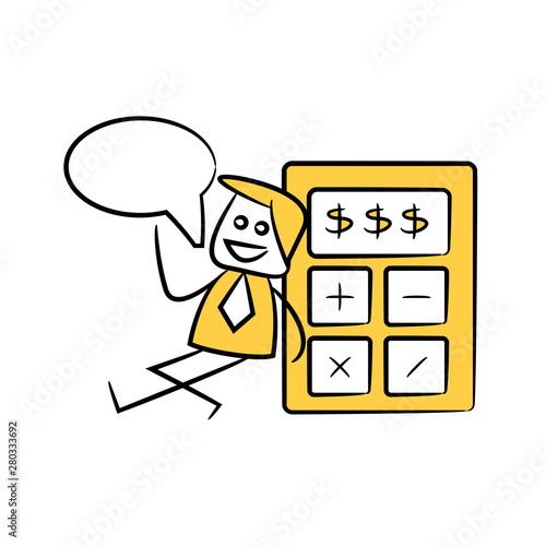 accountant or businessman speech bubble and sitting next to calculator yellow stick figure theme