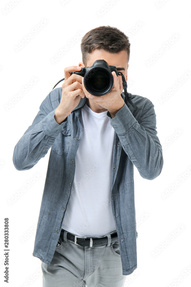 Male photographer on white background Male photographer on white background