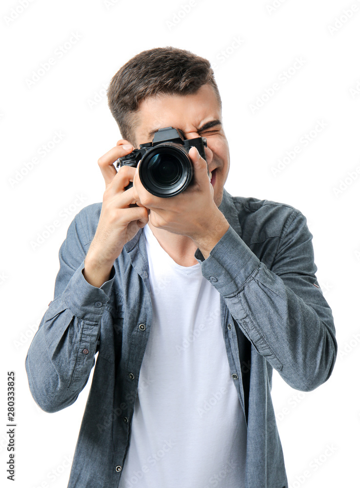 Male photographer on white background Male photographer on white background