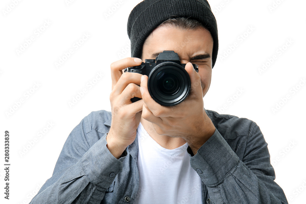 Male photographer on white background Male photographer on white background
