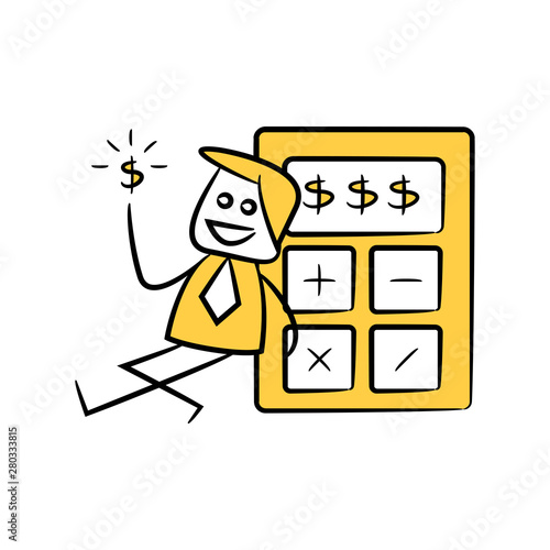 accountant or businessman holds out dollar  and sitting next to calculator yellow stick figure theme