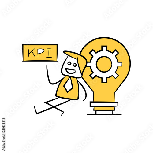 accountant or businessman KPI and sitting next to calculator yellow stick figure theme