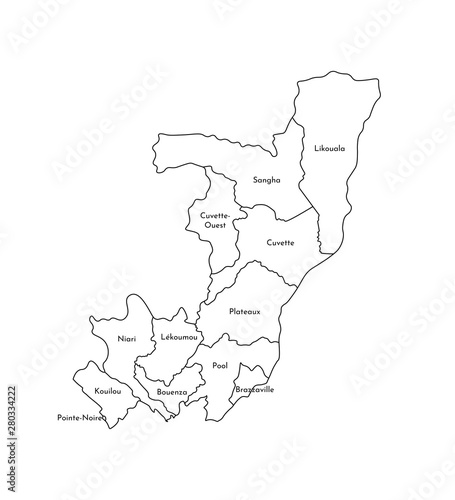 Vector isolated illustration of simplified administrative map of Republic of the Congo. Borders and names of the departments (regions). Black line silhouettes