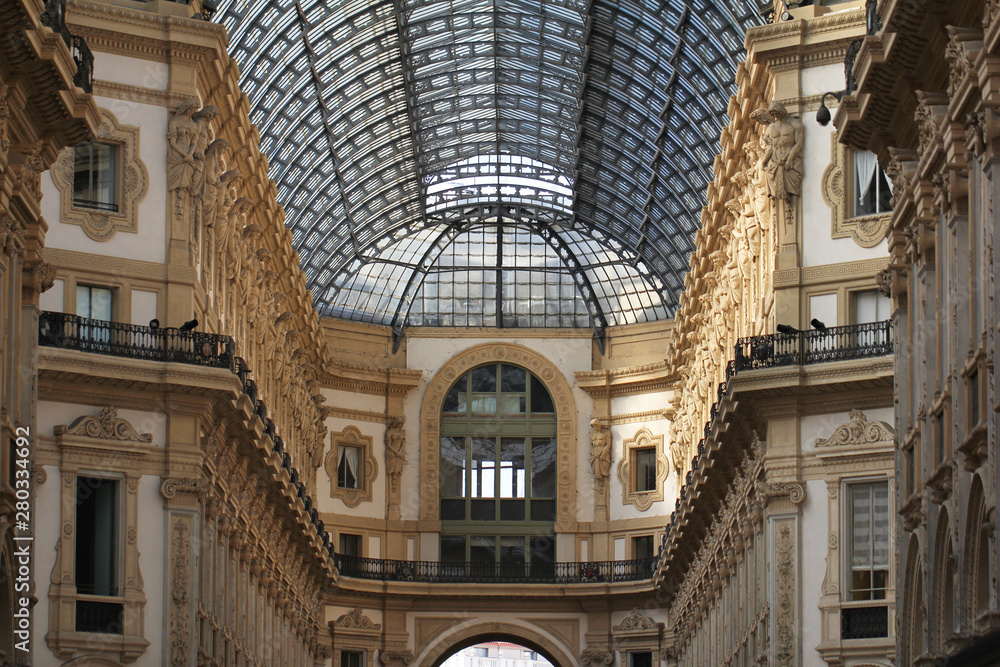 Marvellous interior decoration design of The Galleria Vittorio Emanuele II in Milan, Italy, The oldest shopping mall of Milan. The shopping mall was named after Victor Emmanuel II, first king of Italy