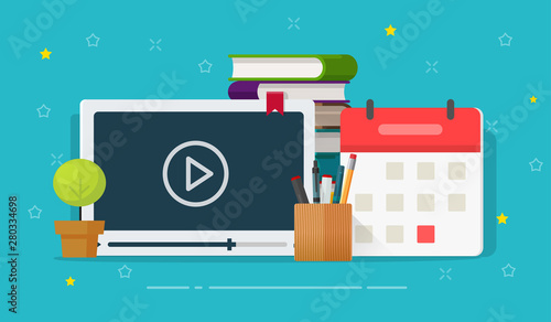 Online courses or webinar training vector illustration, flat cartoon video player and educational stuff, books, calendar and pens, idea of distant tutorial study or preparing to exam date, learning