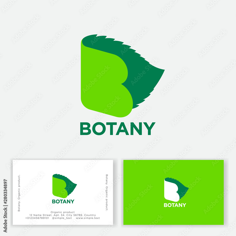 Botany monogram. Letter B like open book with green leaf. Nature emblem. Business card. Botany monogram. Letter B like open book with green leaf. Nature emblem. Business card.