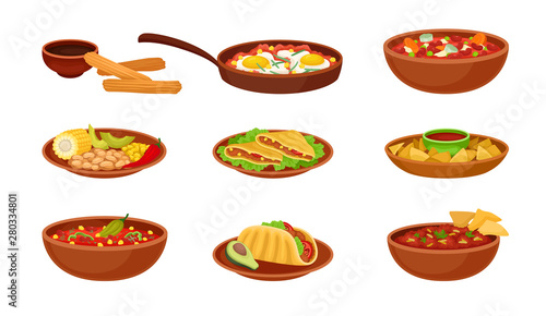 Set of images of traditional mexican dishes. Vector illustration on white background.