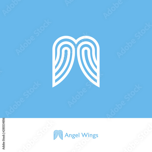Angel wings logo. Logo from ribbons or strips, isolated on a blue background. Web, UI Icon.