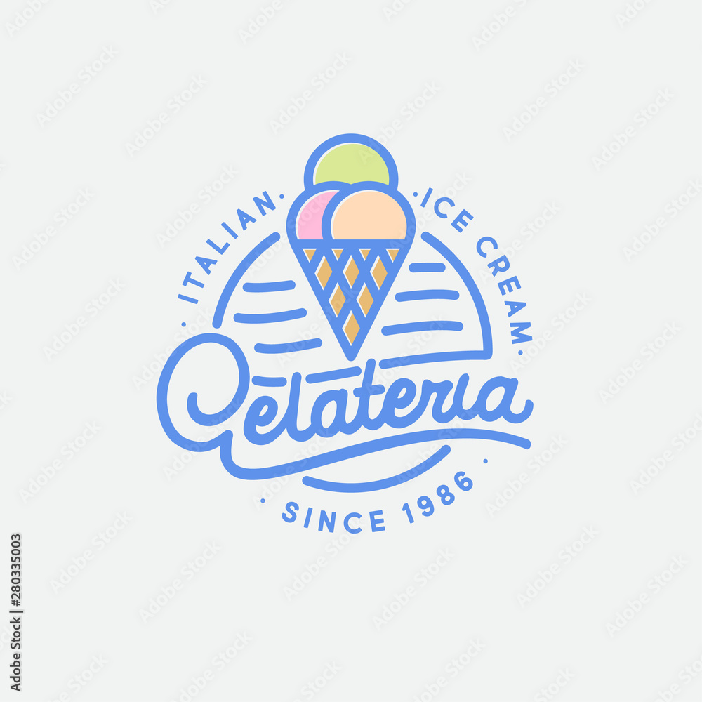 Italian ice cream logo. Gelateria emblem and sign. A waffle cone and
