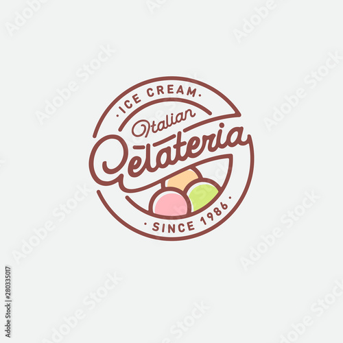 Italian ice cream logo.  Gelateria emblem and sign. Italian ice cream emblem. Some scoops of ice cream  and lettering in a circle.