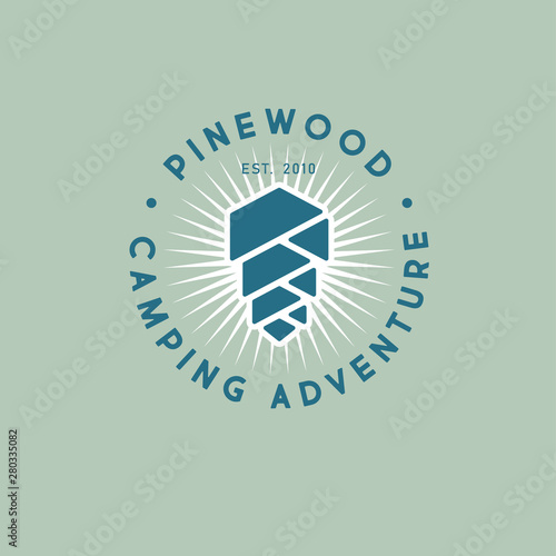 Pine wood logo. Camping or resort. Pine cone in a circle with letters and rays. Adventure team emblem.