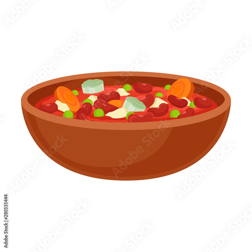 Tomato soup with beans and vegetables. Vector illustration on white background.
