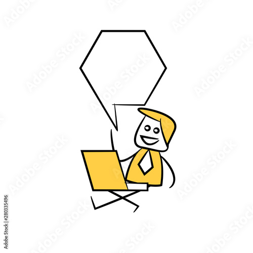 businessman sitting with laptop and speech bubble yellow stick figure theme