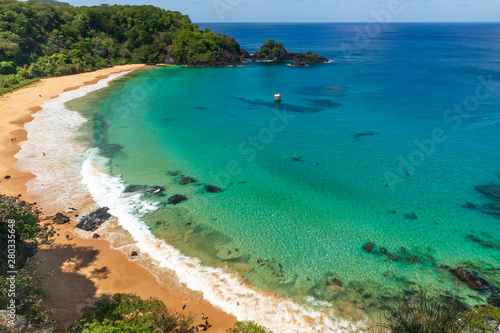 Aerial view of Baia do Sancho in Fernando de Noronha, consistently ranked one of the world's best beaches