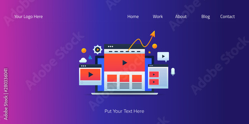 Concept of video content marketing, digital video advertising on website and social media, engaging video content, with icons and text.