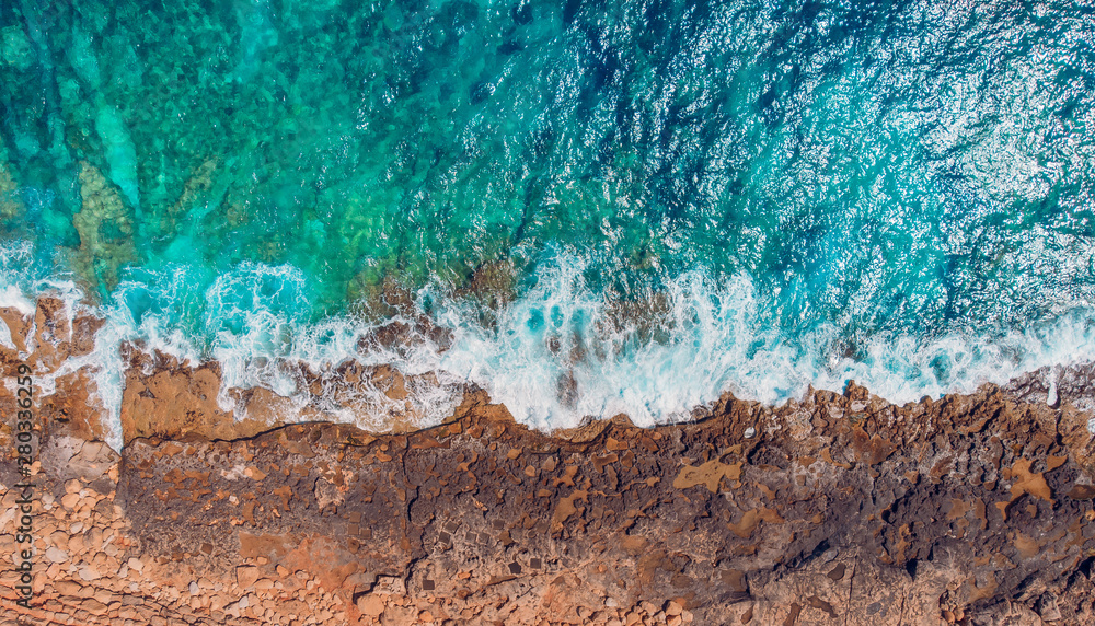 Fototapeta Tropical coral beach, azure water, turquoise sea. Aerial top view