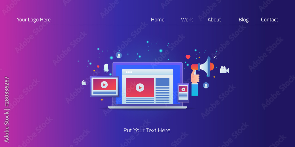 Online video streaming on laptop, mobile tablet, viral video content, digital marketing concept with icons and text. Online video streaming on laptop, mobile tablet, viral video content, digital marketing concept with icons and text.