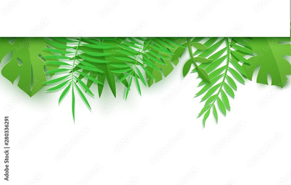 Horizontal top border of summer tropical leaves in paper cut style. Craft jungle plants collection on white background. Creative vector card illustration in paper cutting art style. Horizontal top border of summer tropical leaves in paper cut style. Craft jungle plants collection on white background. Creative vector card illustration in paper cutting art style.