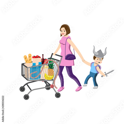 Mother woman rolls the cart with food and holds the childs hand playing Vikings. Vector graphic design element.