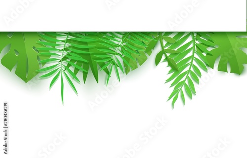 Horizontal top border of summer tropical leaves in paper cut style. Craft jungle plants collection on white background. Creative vector card illustration in paper cutting art style.