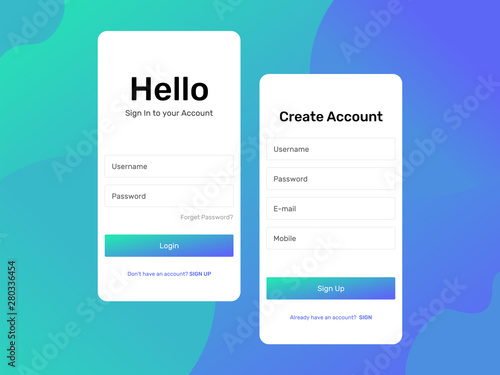 Mobile UI kit. Sign up form, Sign in form for app development, smartphone mockups and wireframes.