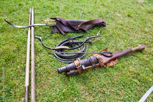 a set of Zaporozhian Sich cossack, kozak, popular arms, exact copies of ancient deathly weapons, used by Ukrainian ancestors to protect native land photo