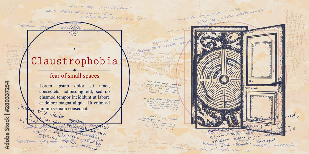 Claustrophobia. Fear of small spaces phobia. Human brain and doors. Psychological vector illustration. Psychotherapy and psychiatry. Medieval medicine manuscript