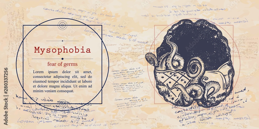 Mysophobia. Fear of germs phobia. Sticky and dirty bacteria, microbes. Psychological vector