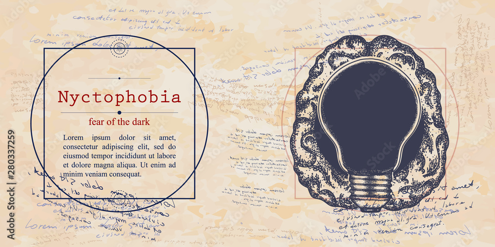 Nyctophobia. Fear of the dark phobia. Human brain and lightbulb